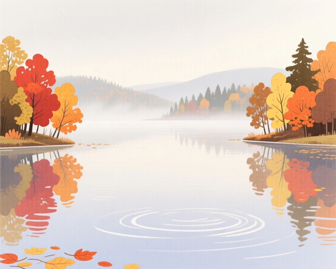 A quiet lake reflecting autumn foliage, peaceful and vast, under a soft blanket of fog.