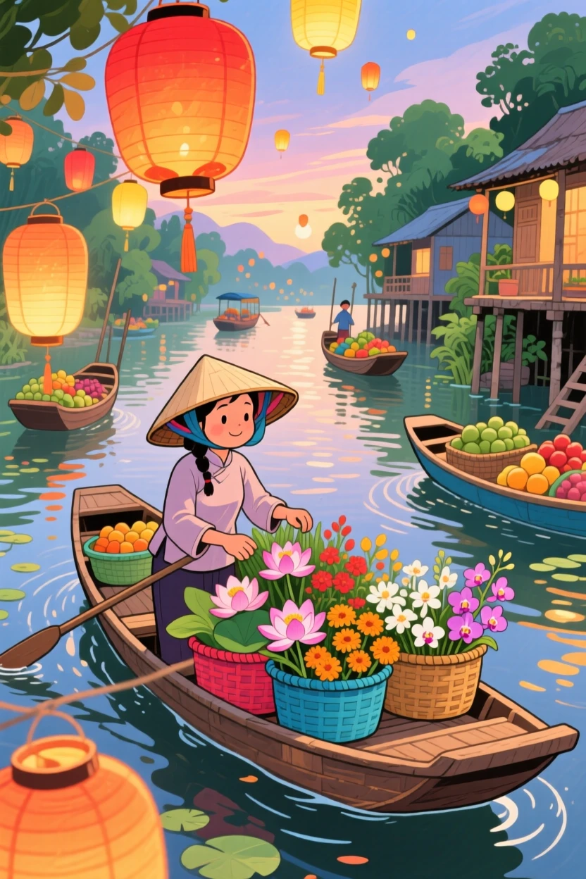 A local vendor arranges baskets of fresh flowers amid the glowing lanterns of a floating market in Vietnam, capturing the wonder of discovering a new place.