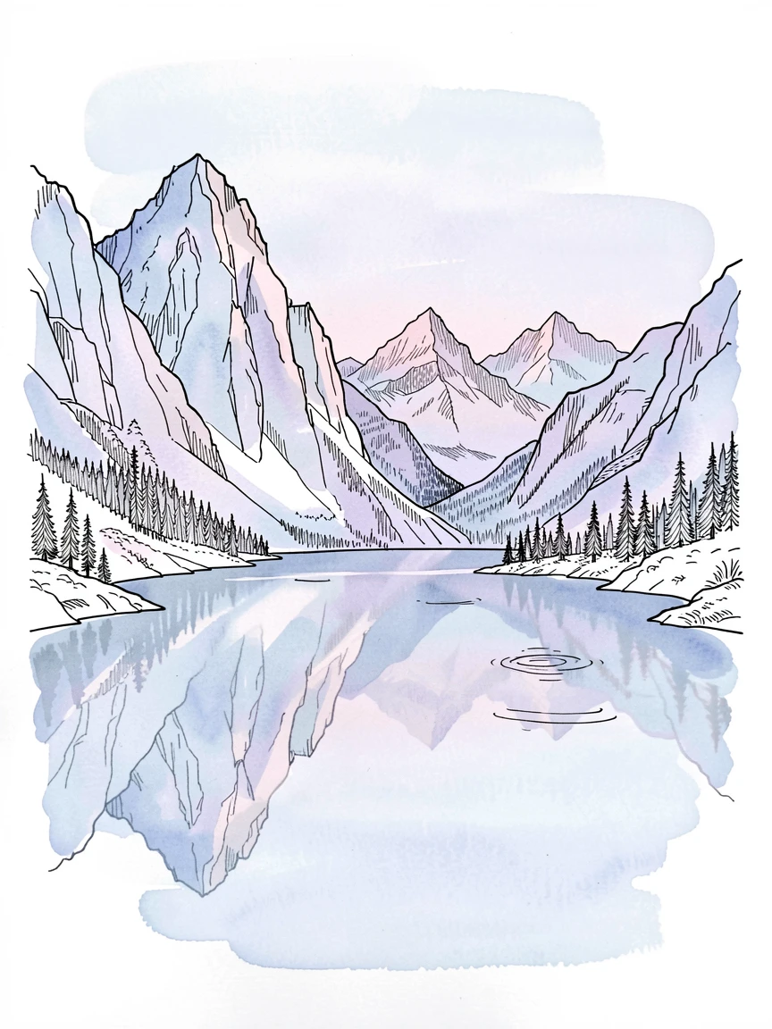 A quiet mountain lake perfectly mirroring the surrounding peaks at dawn, the scene bathed in the soft blue light of early dawn.