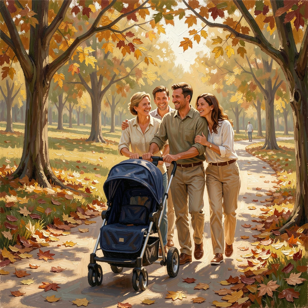 On a warm summer afternoon, parents pushing a stroller through a sunlit park, in a park scattered with fallen autumn leaves, everyone gathered closely together, smiling warmly.