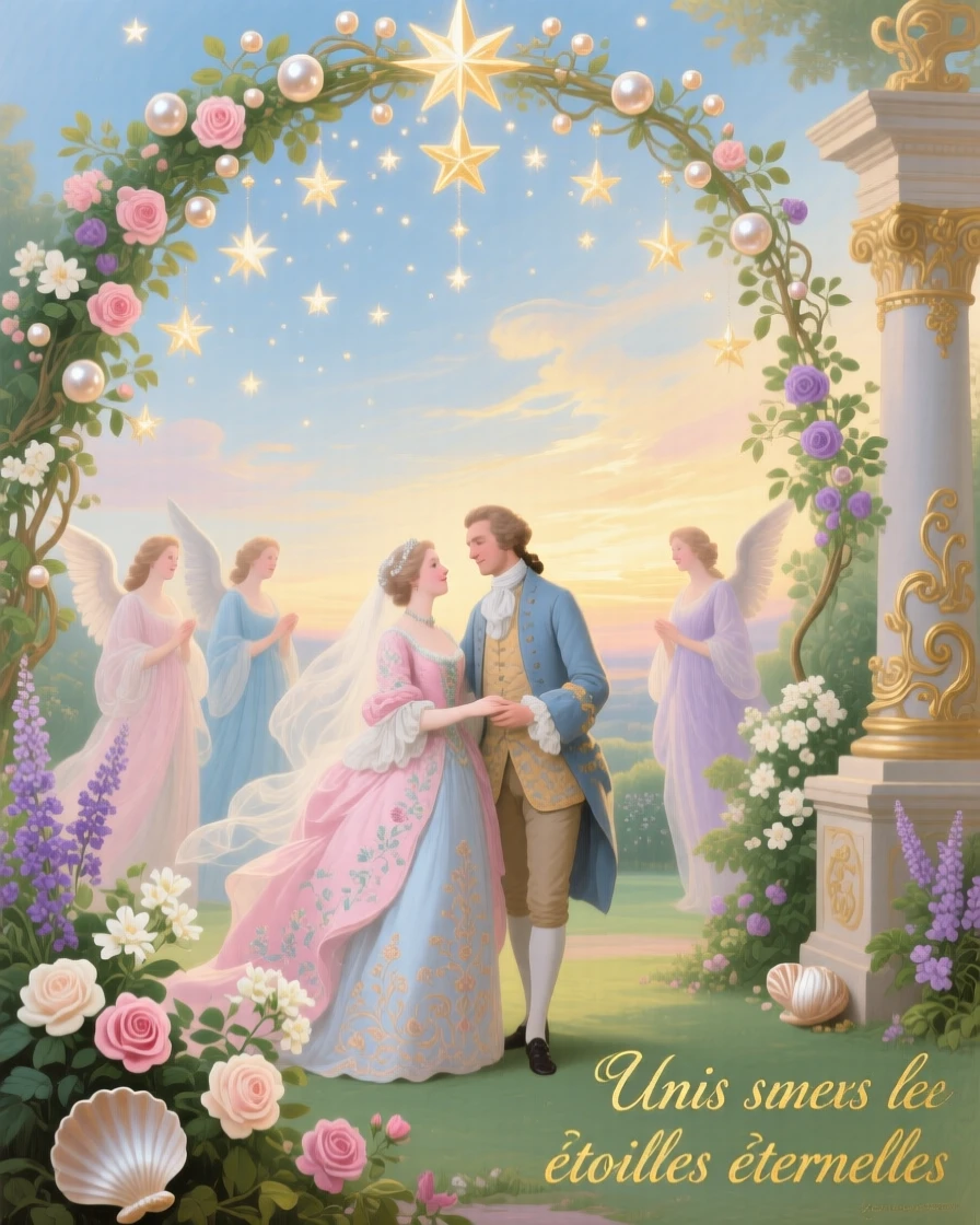 A celestial wedding beneath an arch made of stars and flowering vines  
