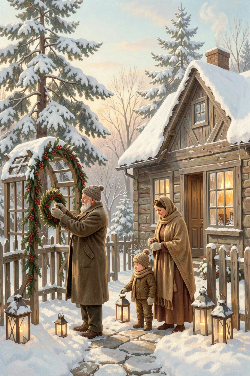 Three generations of a family decorate their home for a snowy garden outside their cottage on a quiet Sunday afternoon.