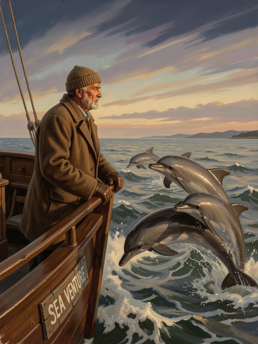A sailor watching a pod of dolphins race alongside their boat, as the golden light of dawn or dusk sets the perfect adventurous mood, offering a vivid, awe-inspiring window into a far-off adventure