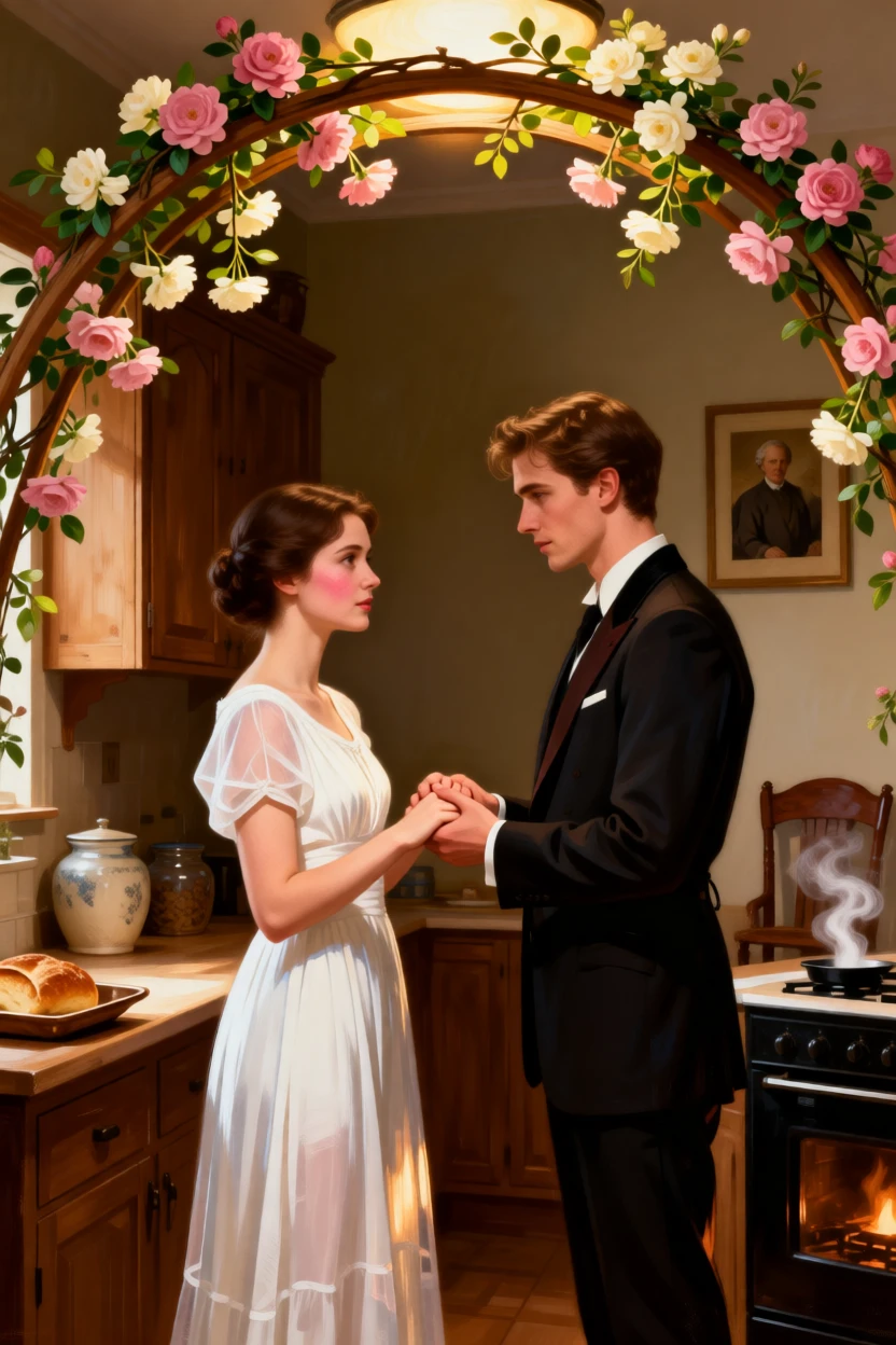 A young couple exchanging vows beneath a blossoming arch in a scene glowing with warmth and quiet devotion, set within a warmly lit kitchen filled with the smell of baking, with small, telling gestures like a held hand or a shared glance; the arrangement of figures suggests closeness without crowding, suggesting the enduring bonds between generations.