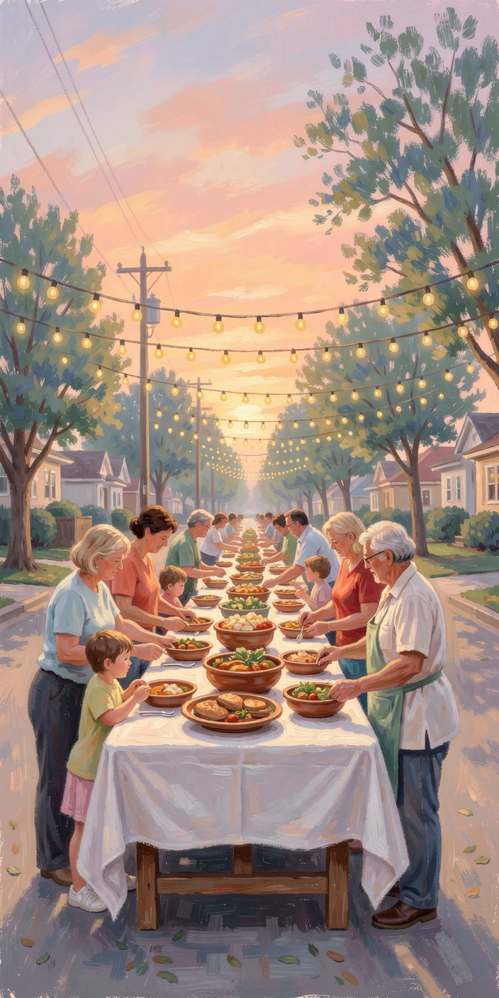 A festive block party with string lights, long tables, and neighbors sharing homemade dishes, under a glowing sunset sky, radiating serenity and gentle stillness.