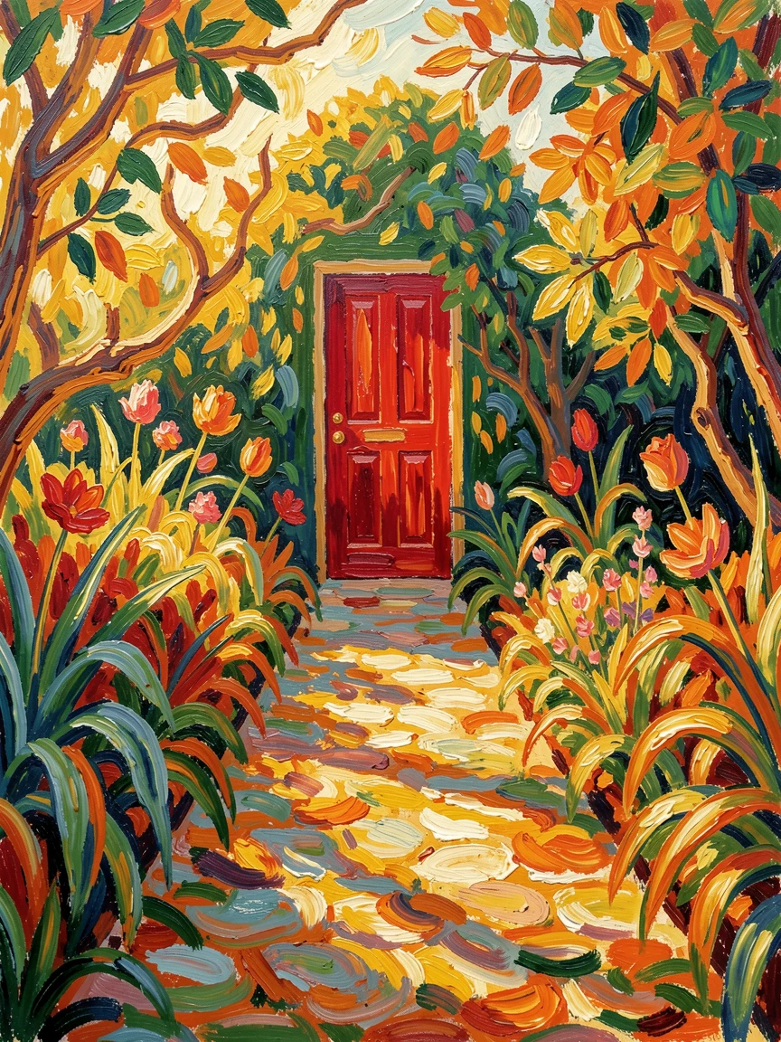 A single red door standing at the end of a long, sunlit garden path.