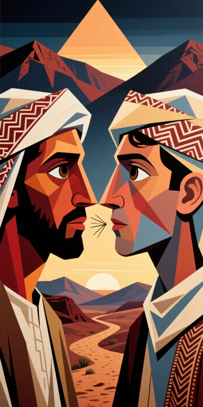 An intimate close-up of twin brothers of Bedouin heritage whispering a secret, on a quiet mountain trail at dawn.