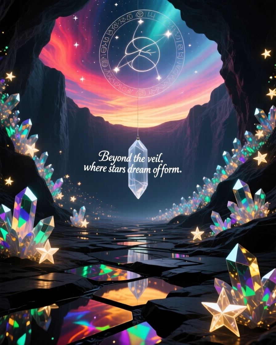 A cave whose walls are lined with glowing crystal constellations stretches endlessly beneath a sky of shifting colors, as the horizon bends gently upward at its farthest edge.