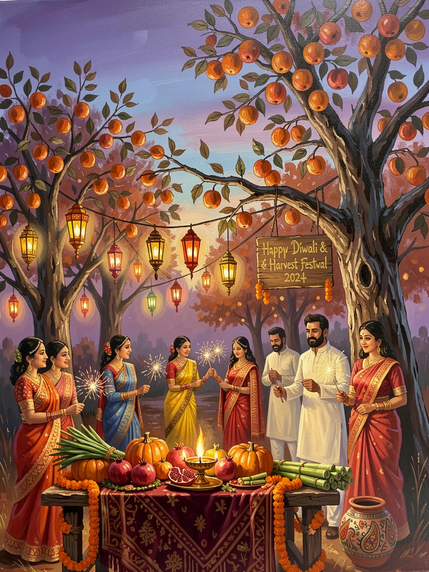 A vibrant Diwali-meets-harvest autumn scene shows glowing lanterns strung between trees heavy with ripening fruit at dusk, small cultural details woven throughout the scene, grounding it in a specific time and place.
