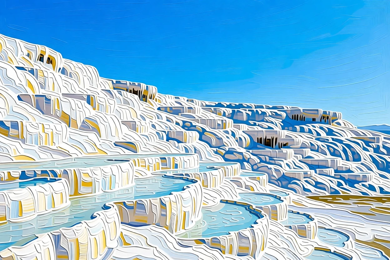 A grand hot spring terrace in Pamukkale glowing white beneath a brilliant blue sky
