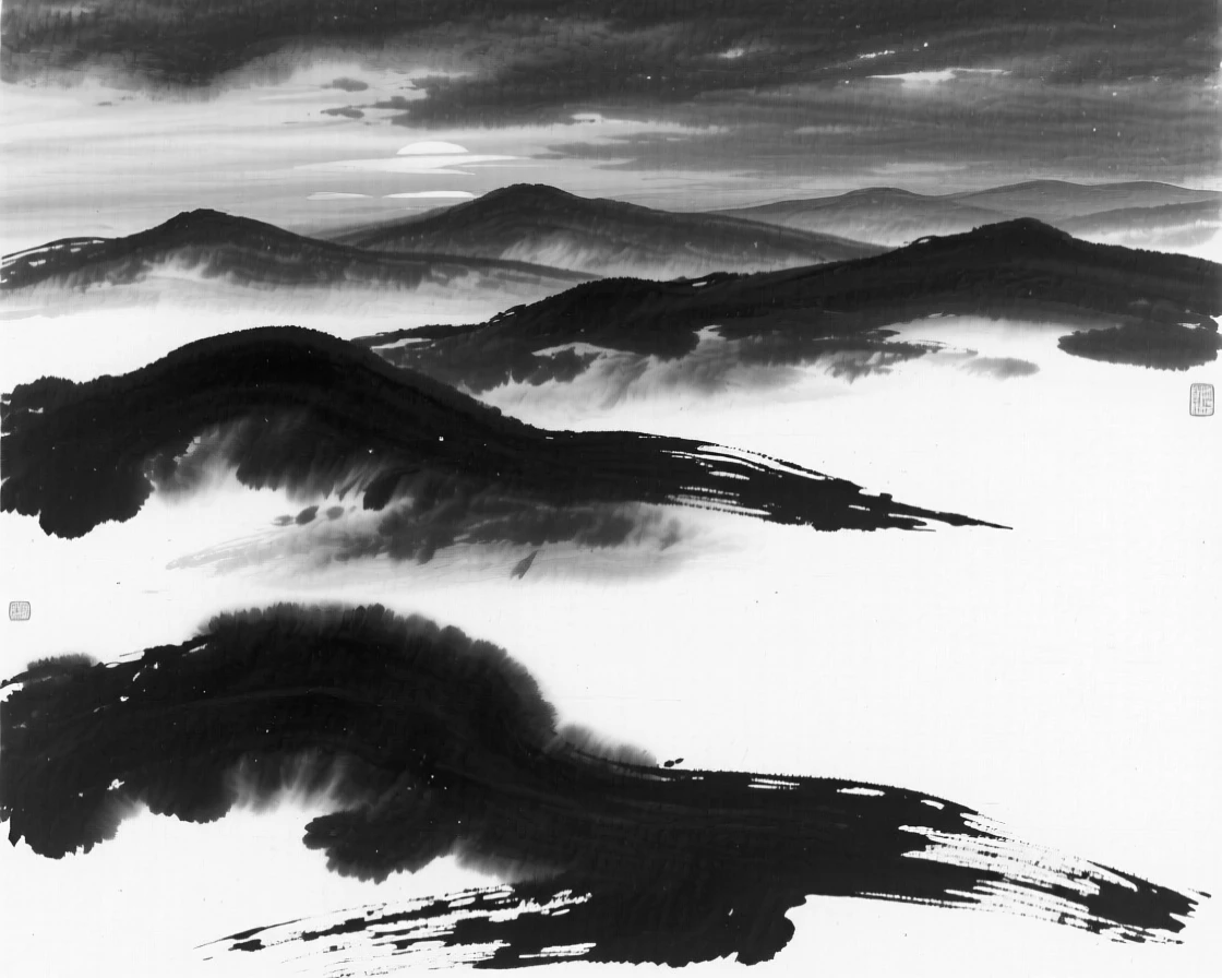 A dramatic sunset paints the sky in shades of orange above rolling hills, with mountain ridges emerging and vanishing in the shifting mist.
