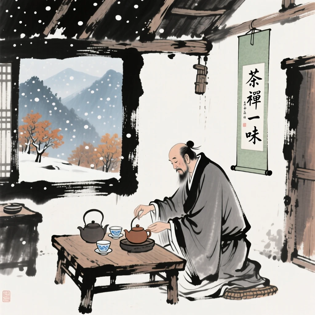 A tea master preparing tea in a rustic mountain hut, in late autumn, beneath softly falling snow.