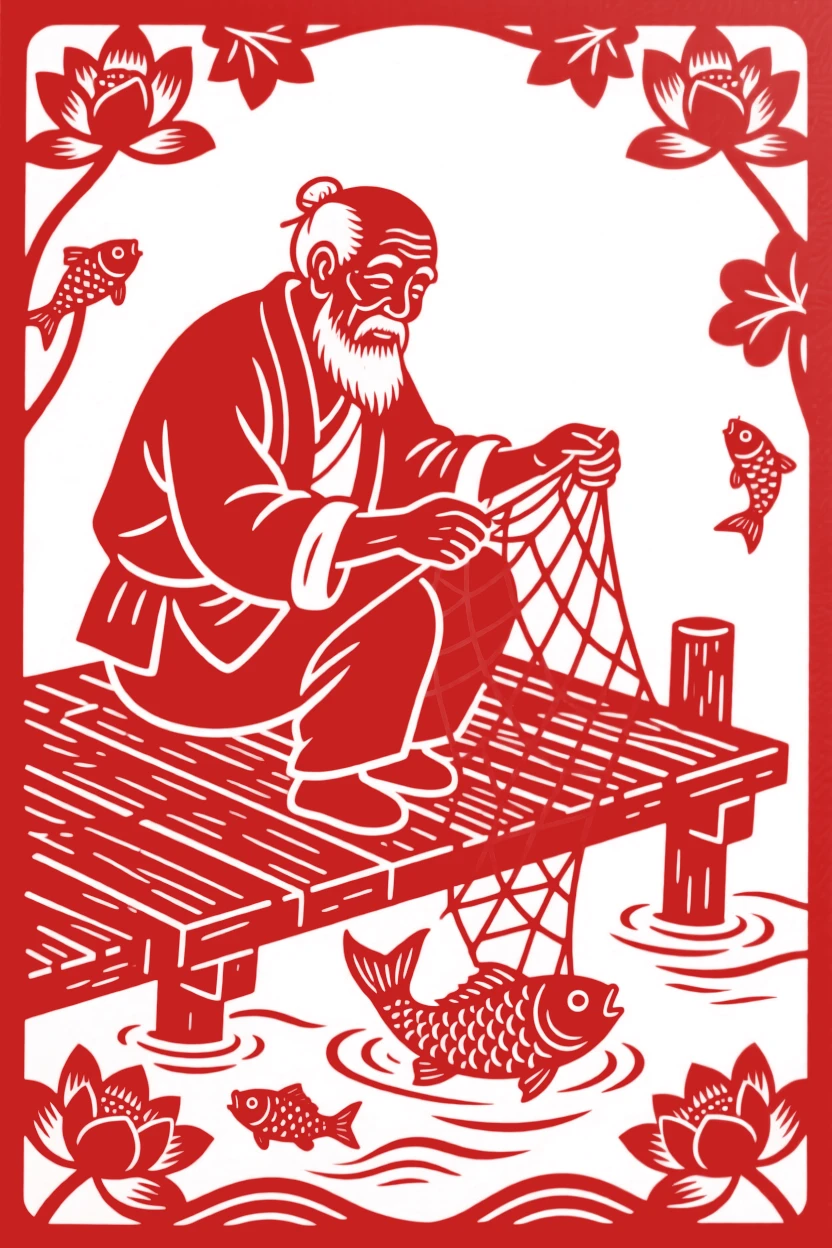 An old fisherman, mending a fishing net on a wooden dock, in filled with the comfort of familiar routine.