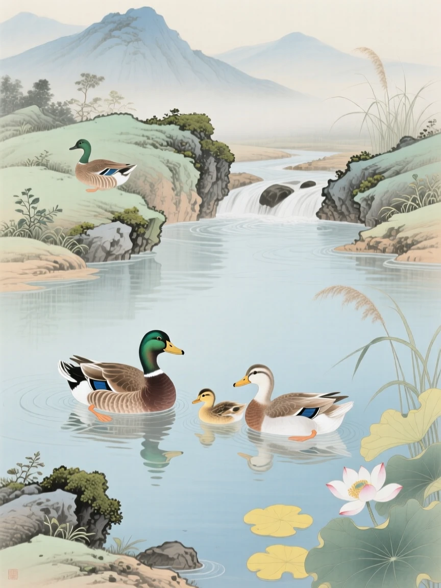 A family of ducks gliding across a still pond near the mouth of a quiet mountain stream