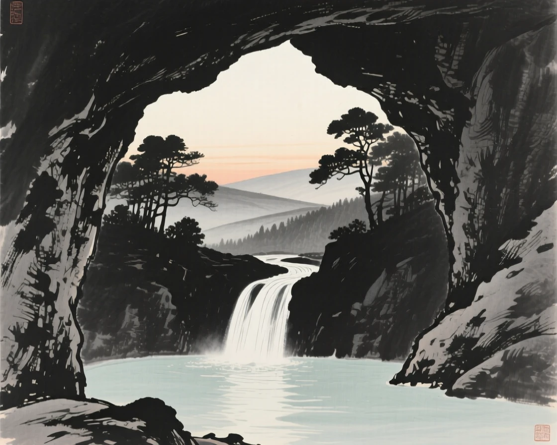 A cave mouth opening onto a hidden waterfall pool in the stillness just before sunrise, framed through a gap in the trees, revealing the valley beyond, capturing a fleeting, serene moment suspended in time.