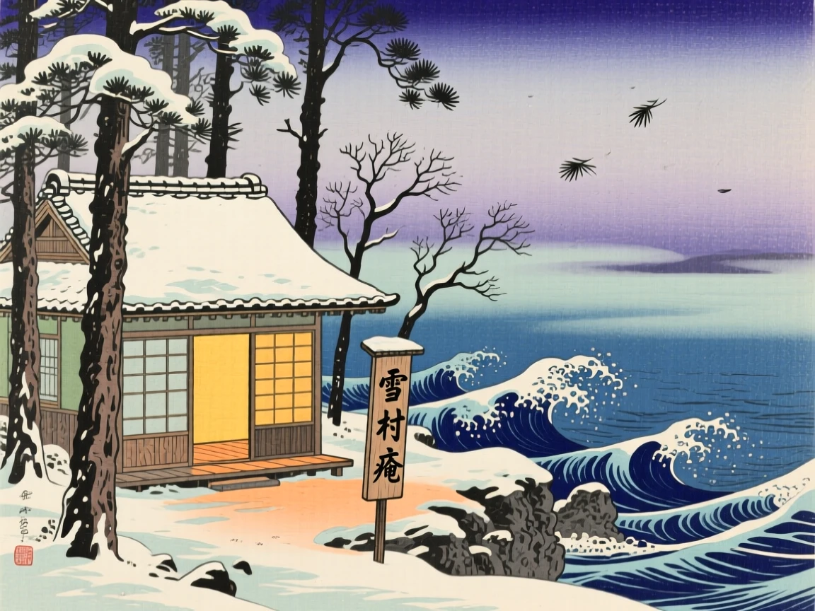 A warm glow spilling from a lone window in a snowy forest, as waves crash below.