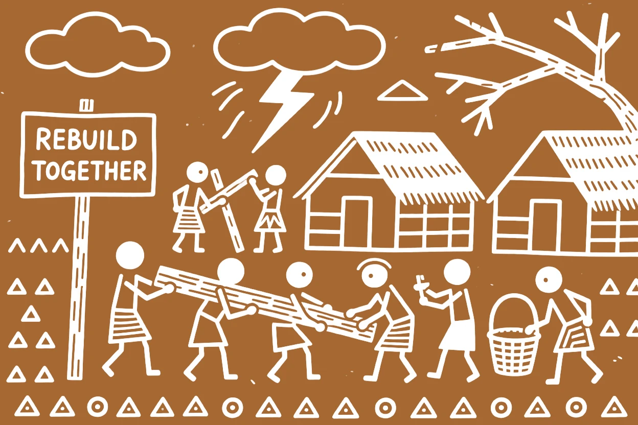 A community coming together to rebuild after a storm.