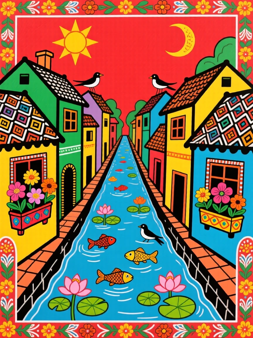 A canal town with flower boxes brightening every window.