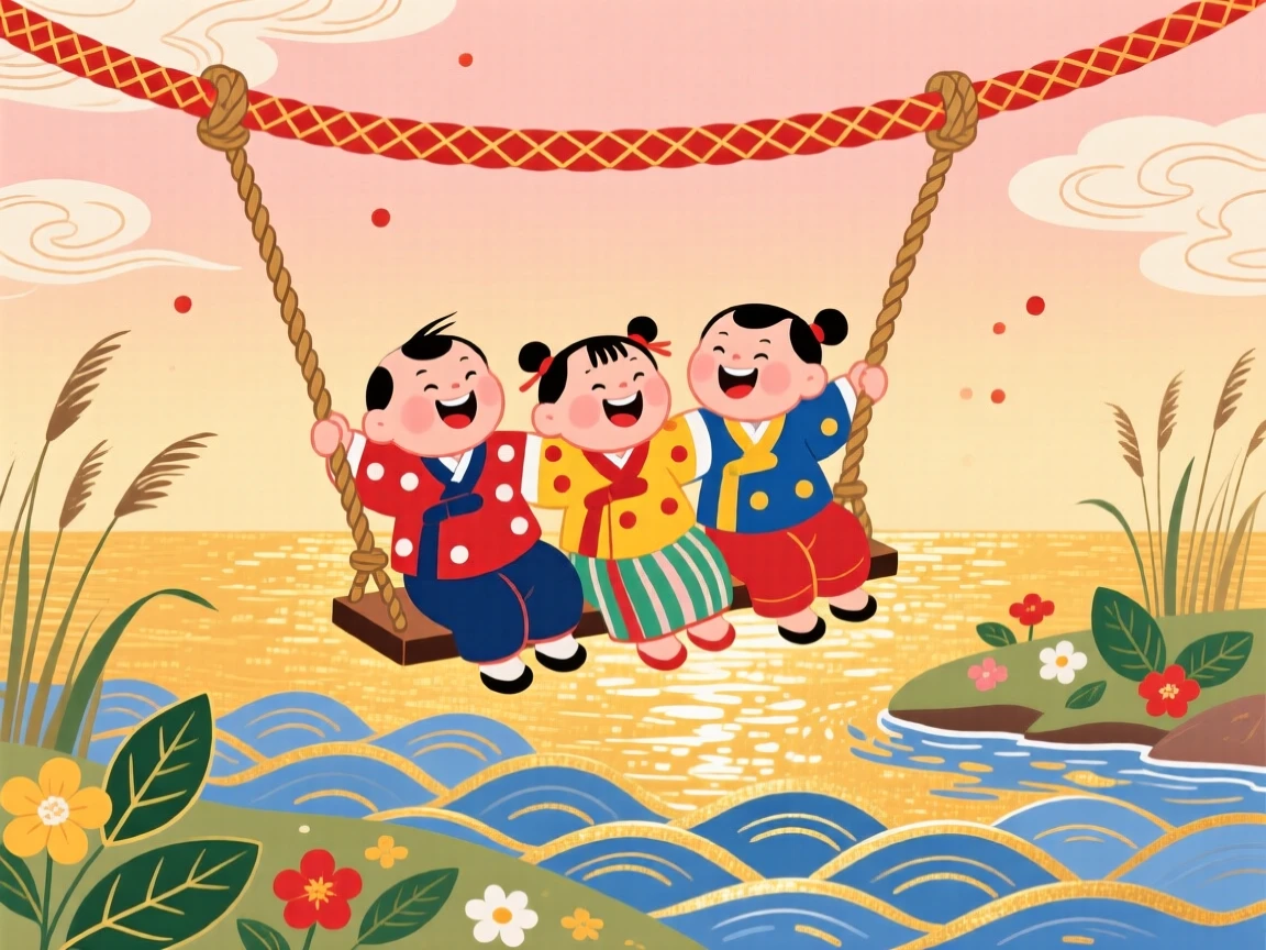 Children laughing together on a rope swing over a river in the golden light of late afternoon.