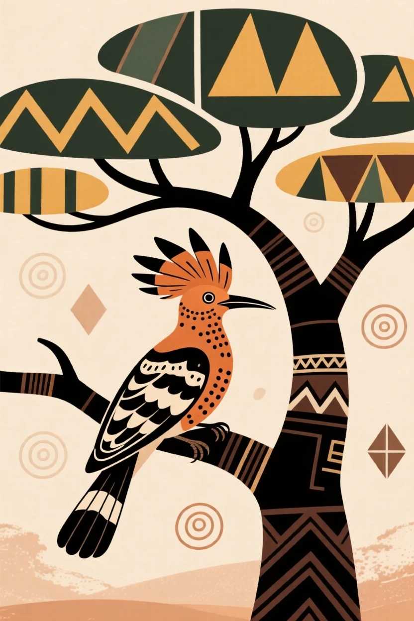 A hoopoe resting beneath an acacia tree.