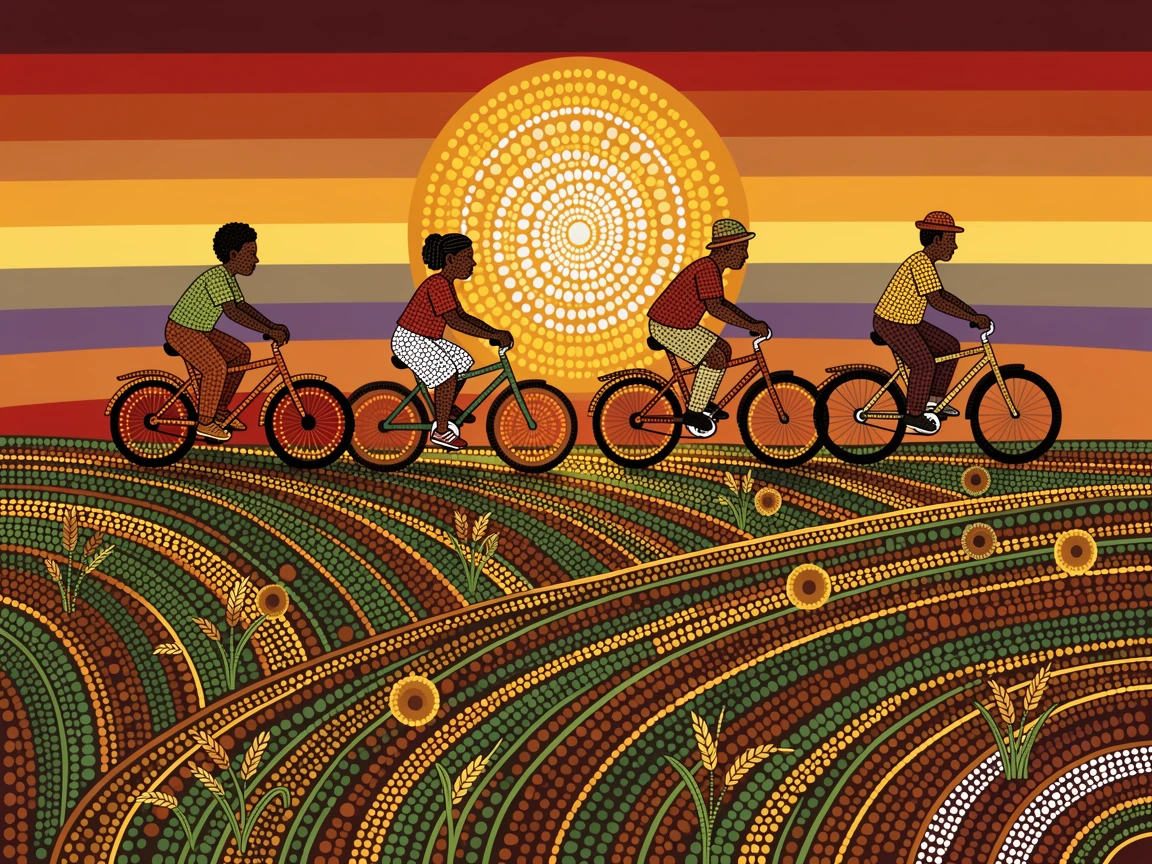 A family riding bicycles through a rice field at sunset