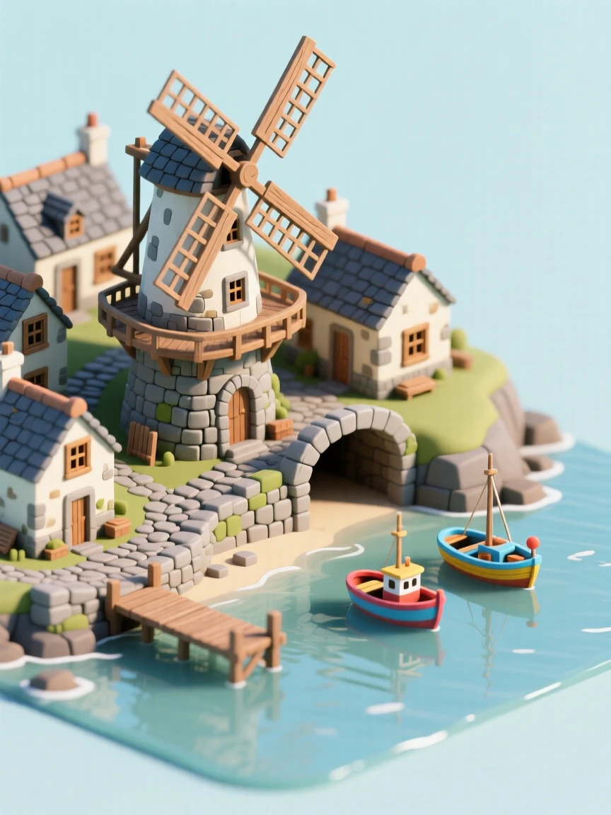 A medieval Cornish tin mining village with stone cottages, a windmill turning, and fishing boats bobbing in a small cove.