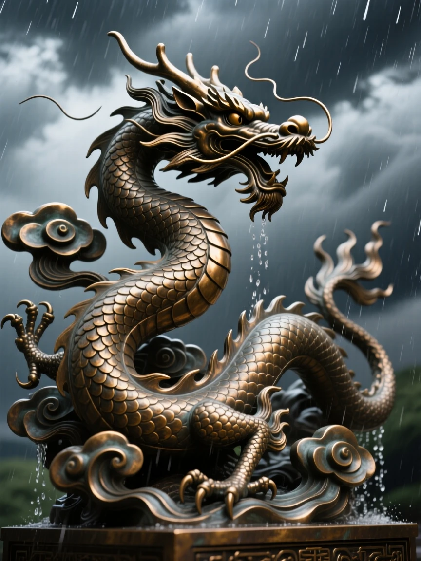 A cloud dragon weaving through a monsoon sky, with an aura of ancient power, radiating awe and grandeur
