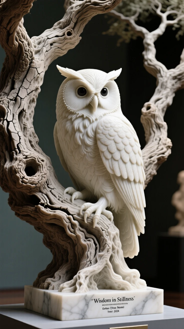 An evocative depiction of a wise old owl perched in an ancient oak, in a moment of quiet stillness, balancing detail with emotional depth