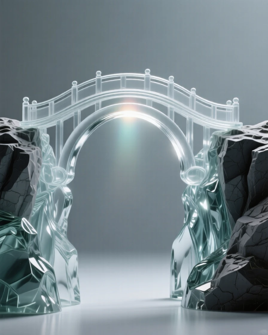 A bridge arching between two cliffs across an open void while light seems to pulse gently outward from the center