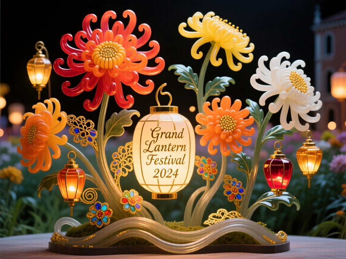 A field of blooming chrysanthemums arranged for the grandest lantern festival celebration, festive and radiant.