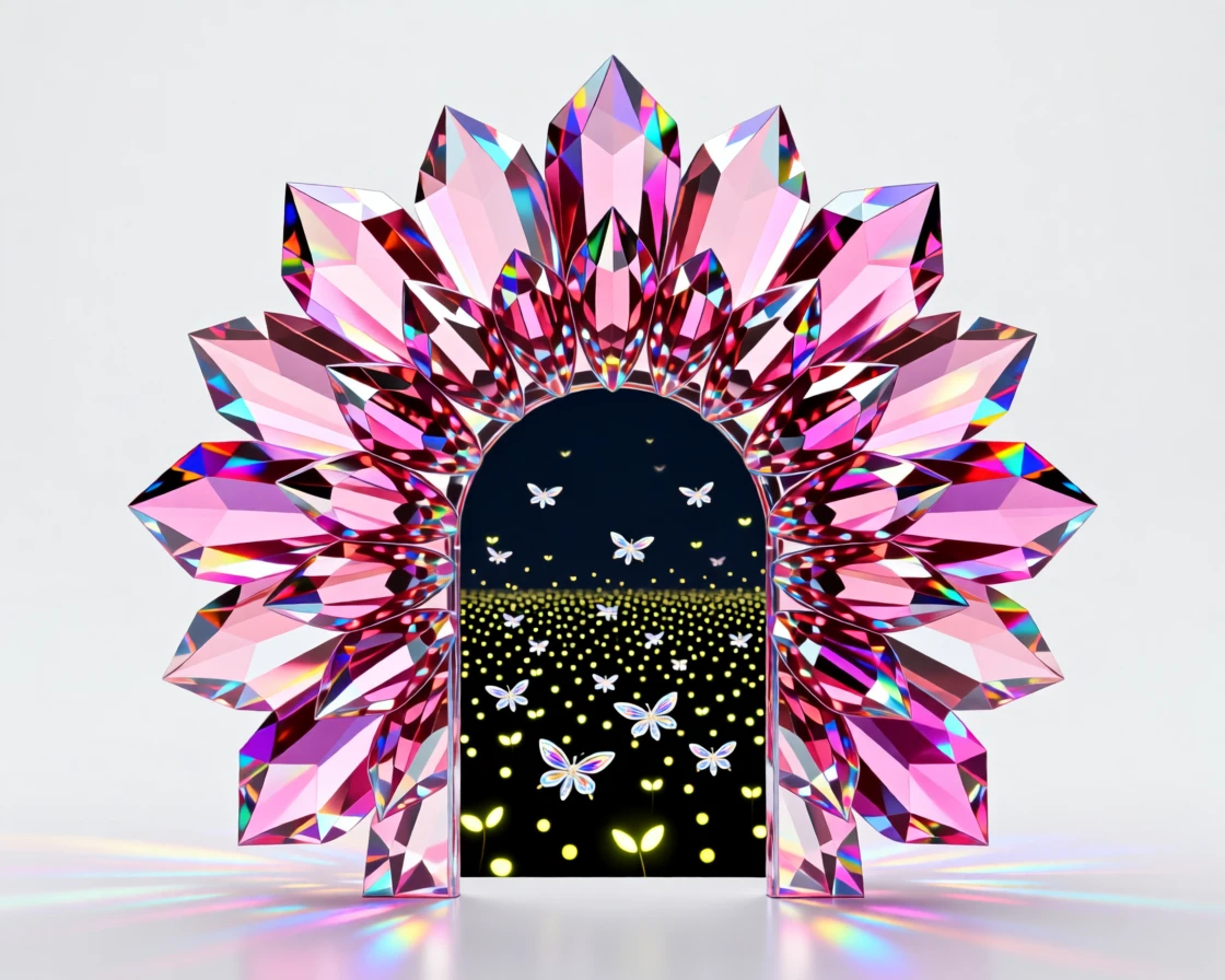 A surreal doorway of falling petals opening onto an endless field of fireflies.
