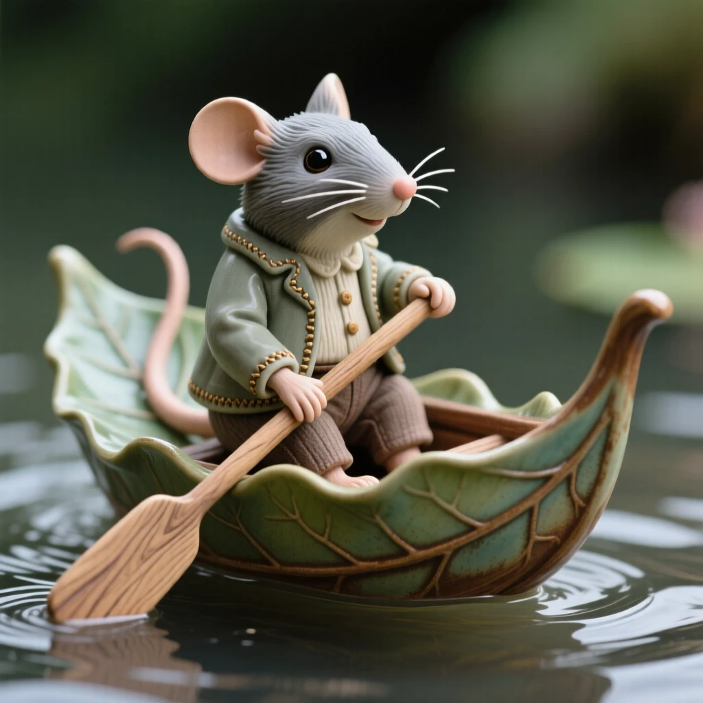 A mouse riding atop a floating leaf boat arranged as if from a beloved fairytale page, dressed in small, carefully stitched garments, stirring nostalgic delight and warm laughter.