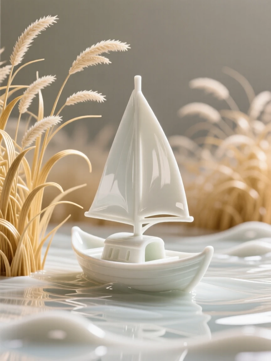 A dreamlike scene of a boat sailing across a sea of tall golden grass, drawing the eye into a world just beyond reality.