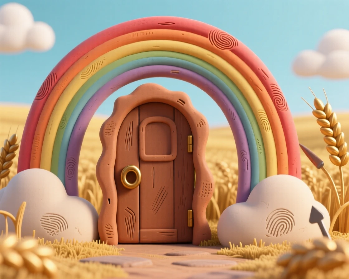 A door hidden inside a rainbow, opening onto a field of gold