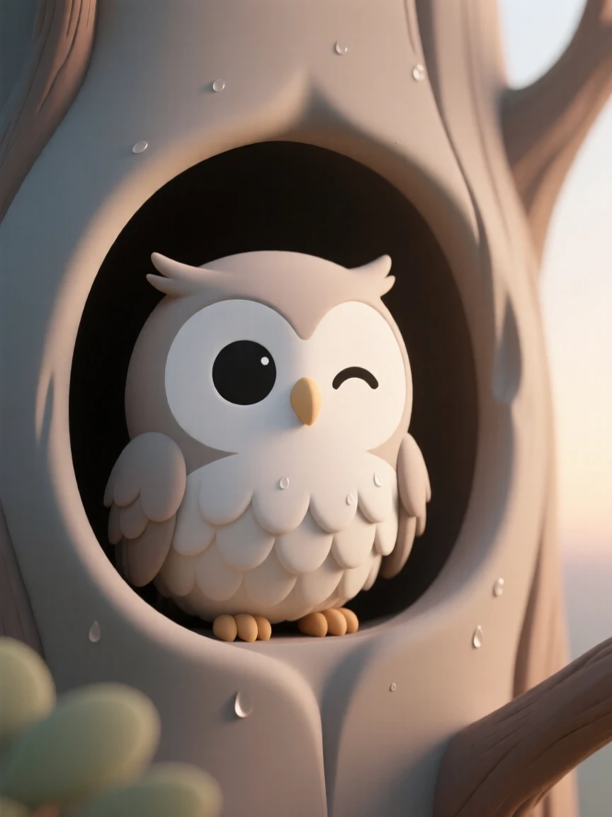 A curious baby owl blinks awake for the first time, fluffy feathers still damp inside a cozy tree hollow.