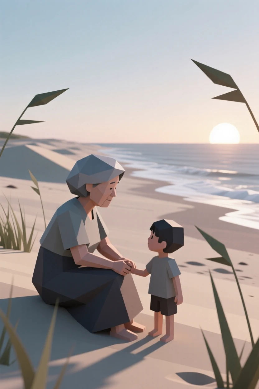 A grandmother and grandchild sharing a quiet moment, on a windswept beach at dawn. natural light enhances the authenticity of the scene. It captures a feeling of quiet triumph.