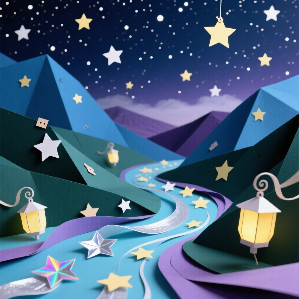 A river of stars flowing through a valley set against a deep starry night sky, with tiny lights glowing from within, evoking a sense of boundless imagination.