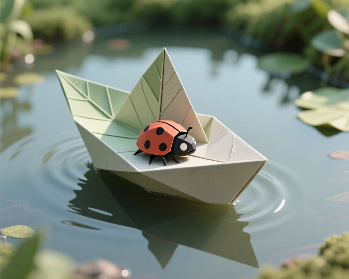 A single leaf boat carrying a ladybug passenger across a still garden puddle.