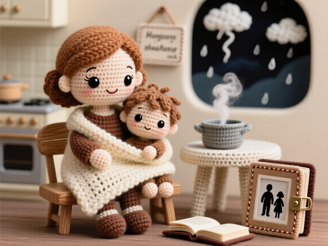 a mother comforting her child during a thunderstorm, wrapped together in a cozy blanket, is captured counting the seconds between thunder claps in a cozy kitchen filled with the smell of home cooking beside a worn but beloved family photo album, showing the simple joy of everyday family life.