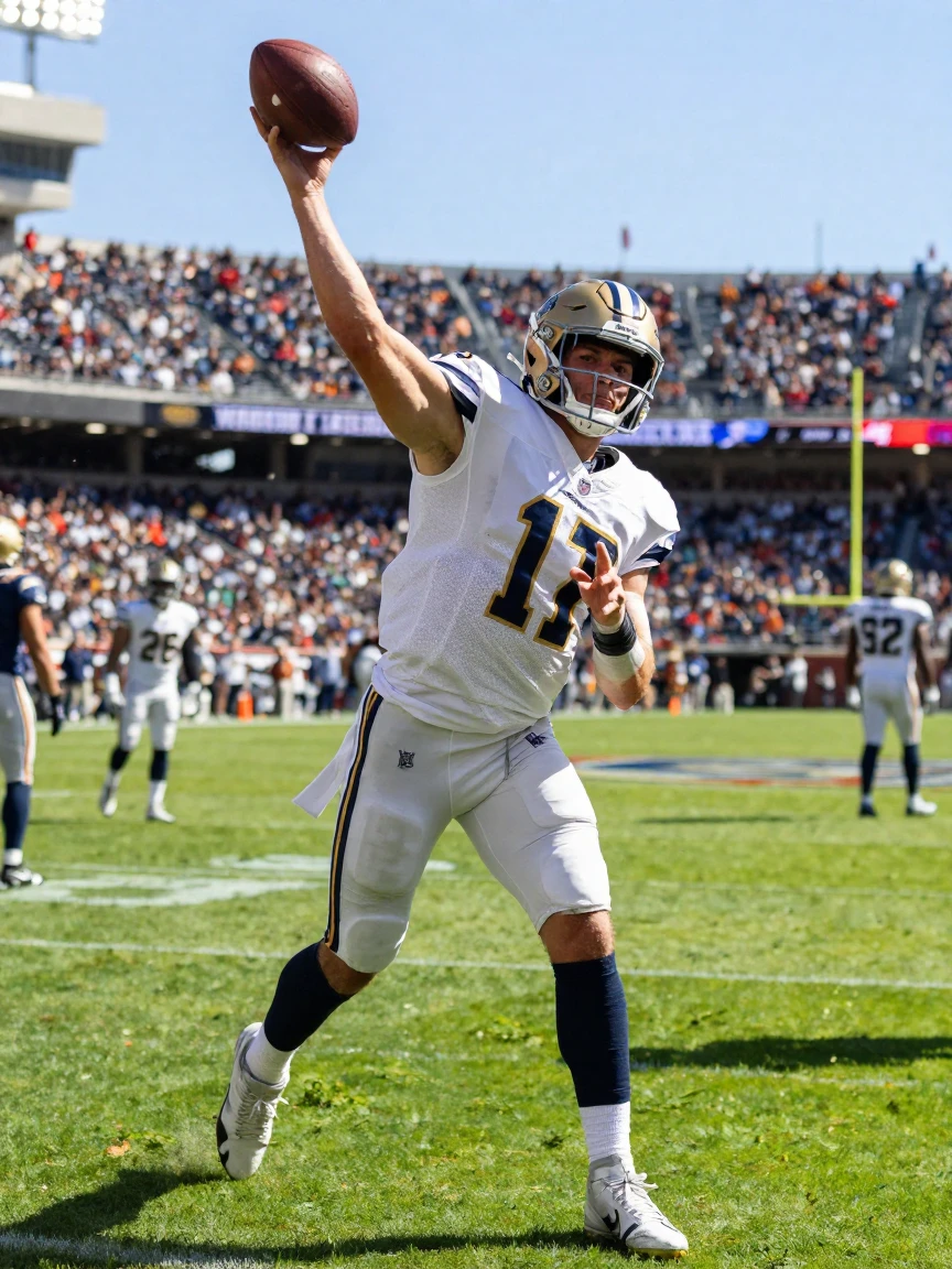 A football quarterback launching a deep pass