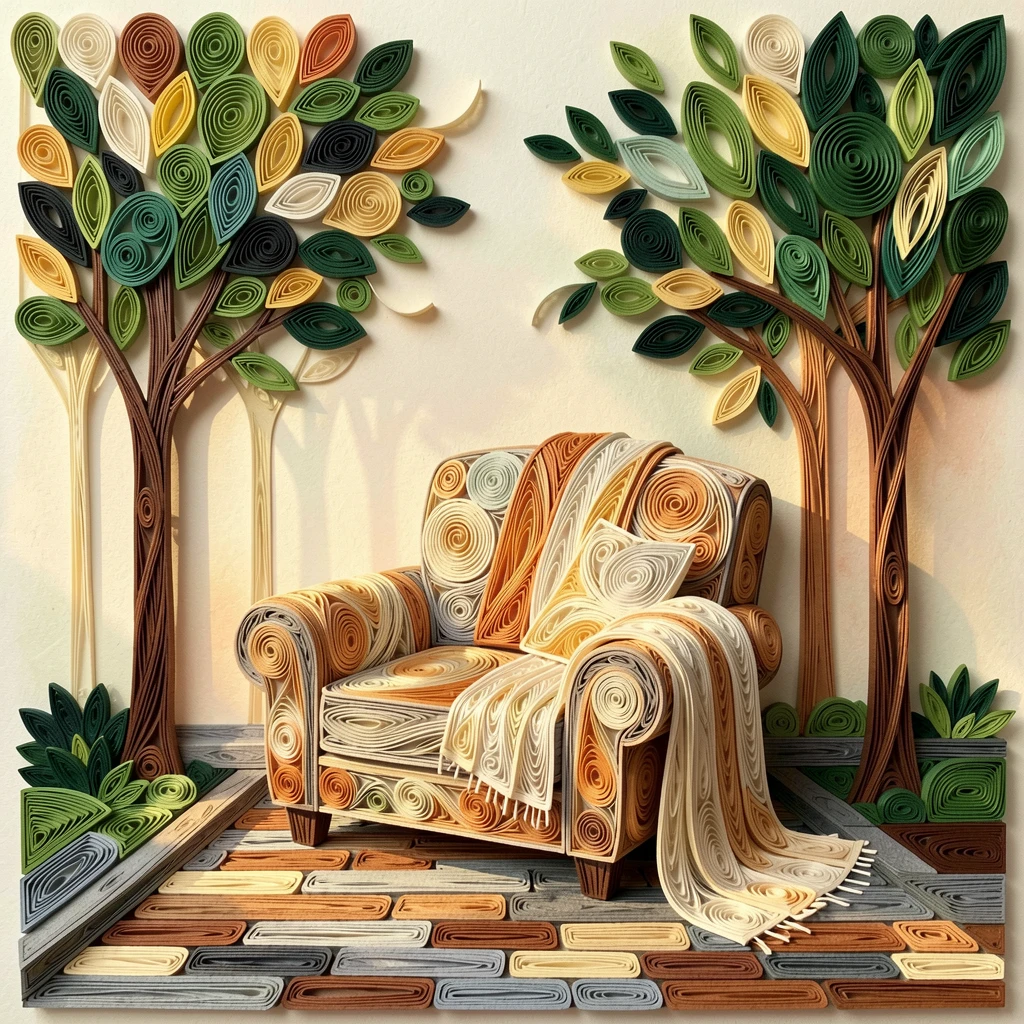 A relaxed modern lifestyle scene of a cozy reading corner with a plush armchair and blanket on a quiet tree-lined city street, with a light breeze catching loose fabric or leaves, composed with soft morning light and long shadows.