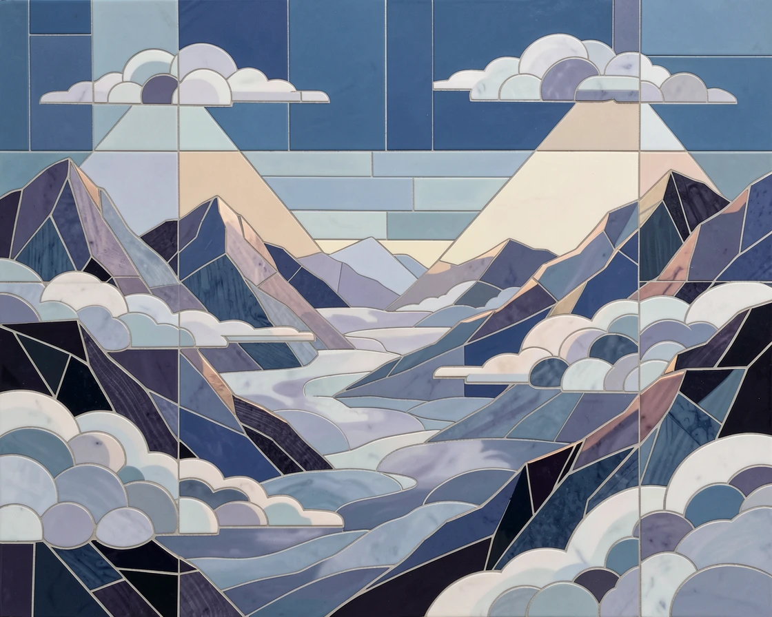 A misty valley seen from above with clouds rolling between mountain peaks.