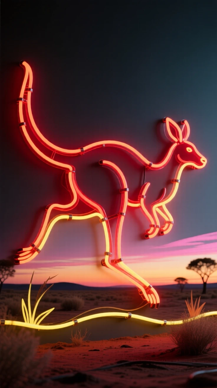 A red kangaroo bounding across the outback at dawn.