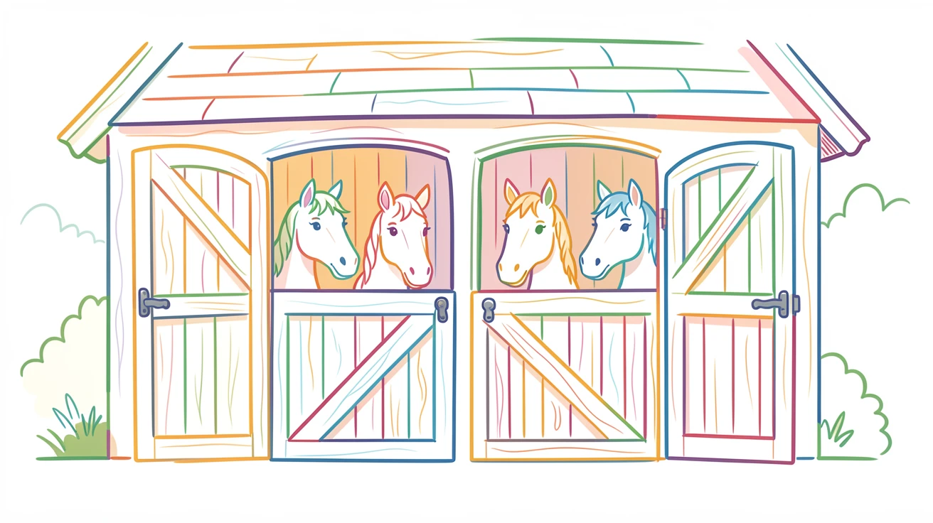 A quiet countryside stable with horses peering over wooden half-doors.