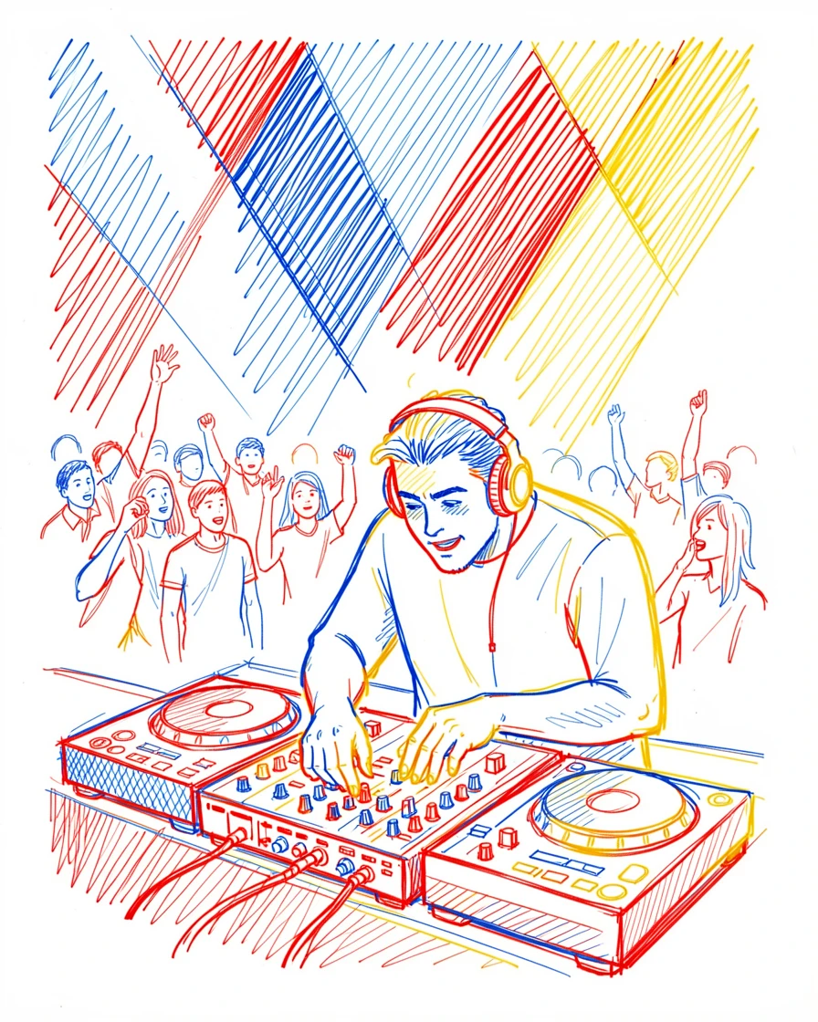 A DJ mixing tracks for an energetic crowd beneath colorful stage lights