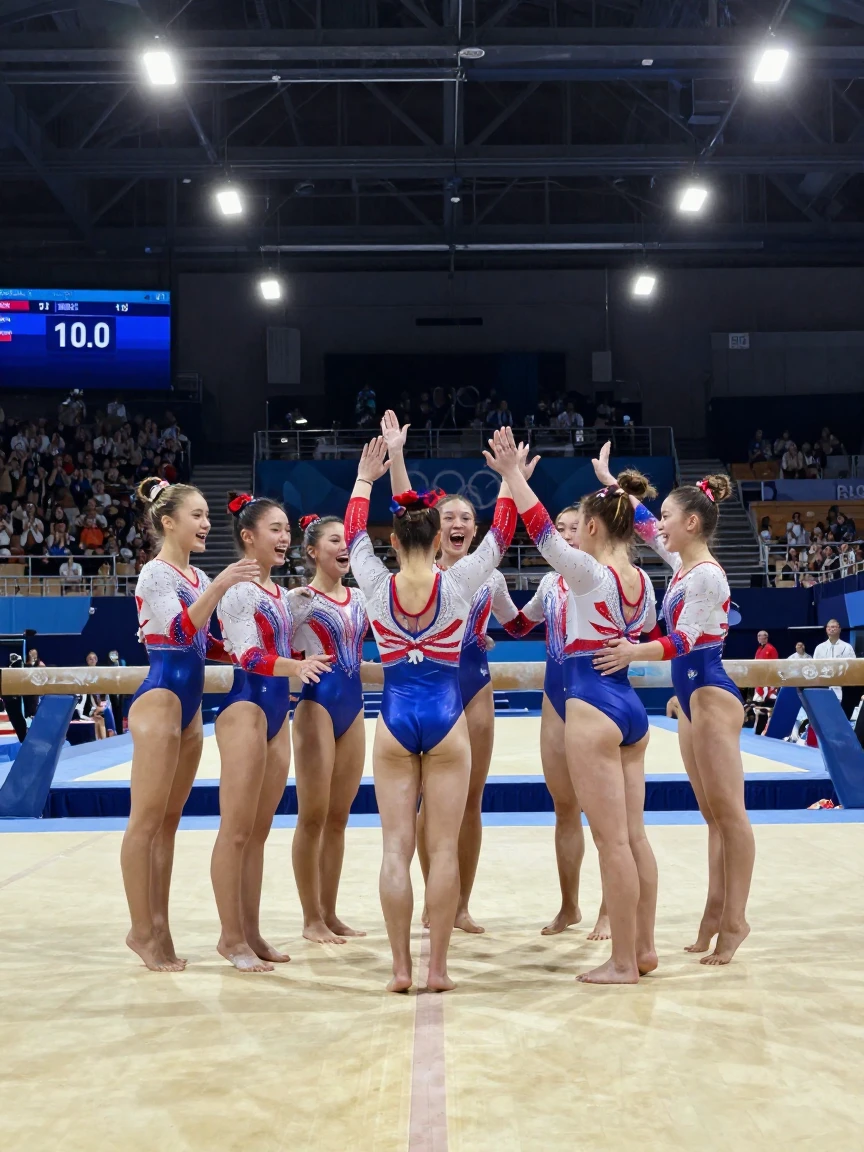 A gymnastics team celebrating a perfect landing