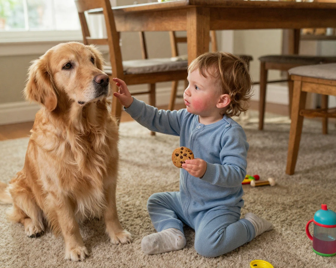 A toddler tries to share his cookie with the family dog under the table.