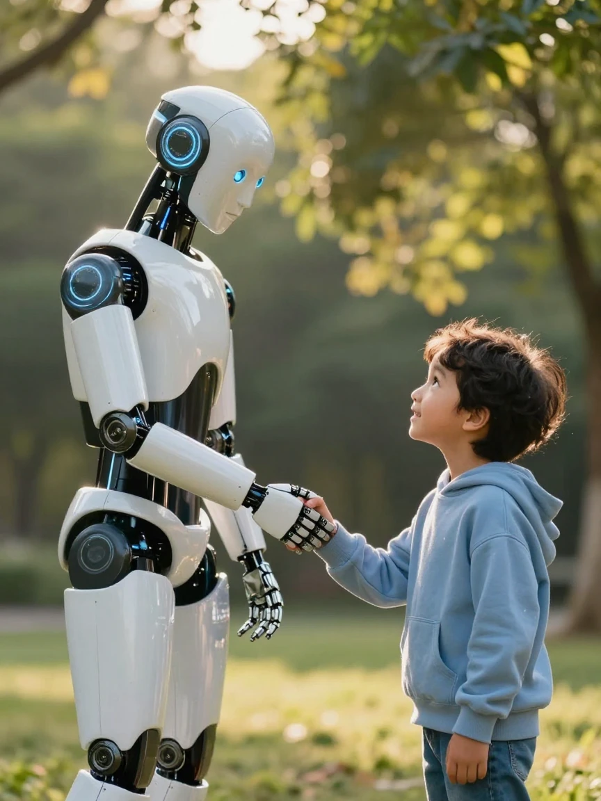 A humanoid robot gently shaking hands with a curious child