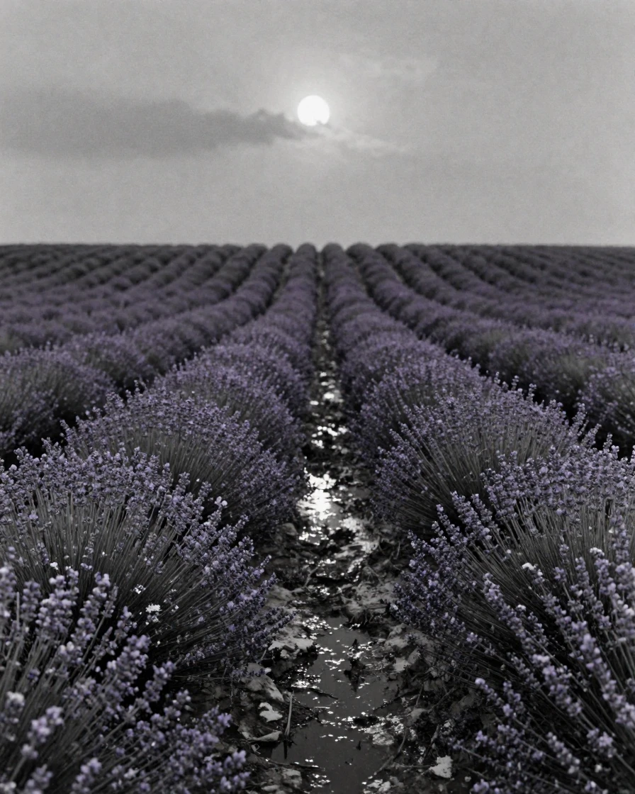 A field of blooming lavender stretching toward distant hills, under moonlight, just after a rain shower, with puddles reflecting the sky, under the first snow of winter, with stark black-and-white contrast softened by a single warm hue, framed symmetrically down a long corridor.