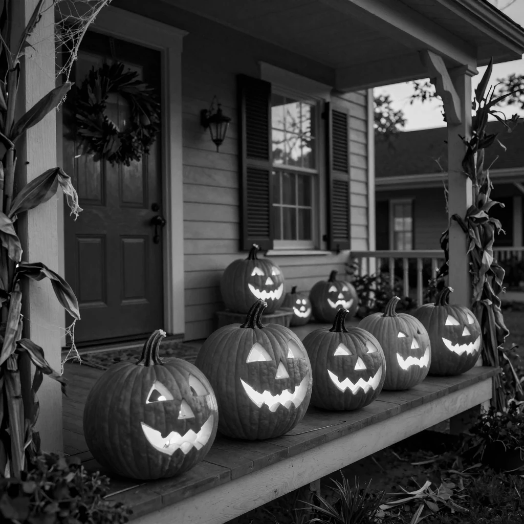 A row of jack-o-lanterns glows along a porch railing outside a decorated house.